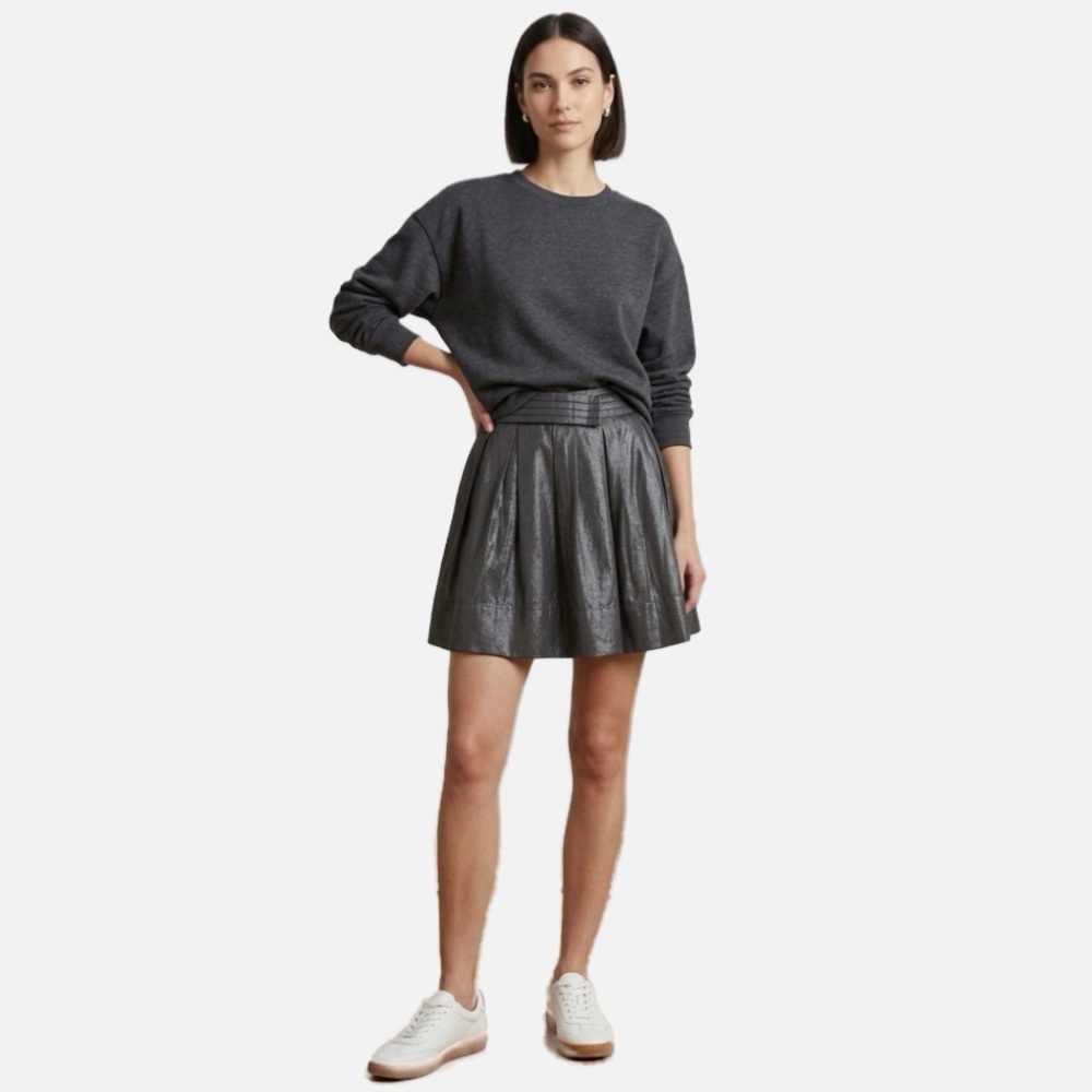 Forever 21 Fully Lined Pleated A-Line Skirt Side Invisible Zipper Black Shimmery